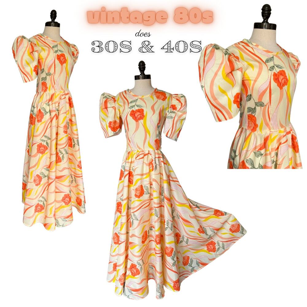 Vintage 80s does 30s 40s Orange Sherbet Coral Floral Maxi Dress Poof Sleeve